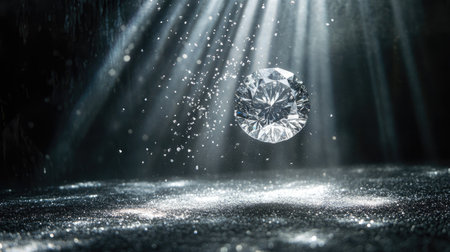 A radiant diamond suspended in mid-air, illuminated by beams of light, with silver diamond dust creating a dreamy atmosphere.の素材