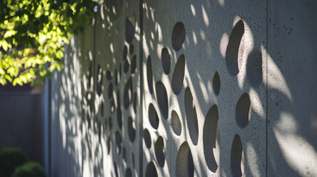 A prefabricated concrete fence with decorative cutouts, casting intricate shadows in the sunlight.の素材