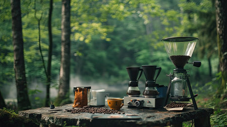 A rustic outdoor coffee setup with drip equipment, beans, and a camping stove in a forest setting.の素材