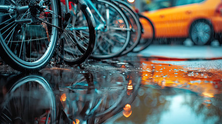 A rain-soaked bicycle parking area with water droplets on the bicycles and reflections on the ground.の素材