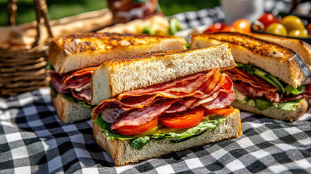 A picnic scene with sandwiches filled with bacon, salami, prosciutto, and fresh vegetables, served on a checkered blanket.の素材