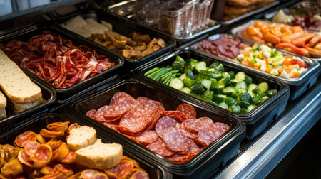 A sandwich bar setup featuring trays of bacon, salami, prosciutto, fresh vegetables, and various bread options for custom creations.の素材