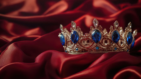 A royal-inspired crown with cobalt-blue stones, resting on an elegant satin fabric in a rich red hue.の素材
