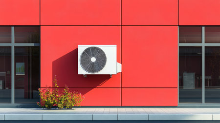 A modern retail store exterior with a compact air conditioning unit installed on the side wall.の素材