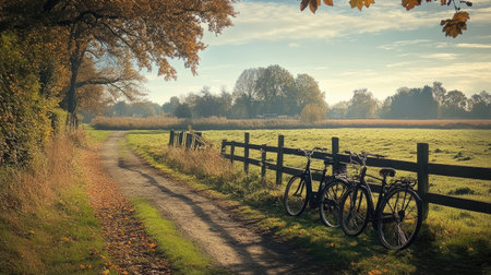 A rural scene with bicycles parked near a wooden fence, surrounded by open fields and a dirt path.の素材