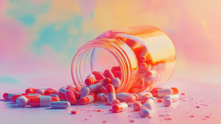 A prescription jar with spilled pills against a soft pastel background, creating a modern, vibrant scene.の素材