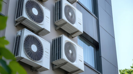 A residential building with modern air conditioners evenly distributed on the facade for optimal cooling.の素材