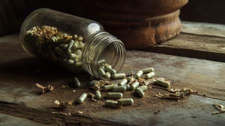 A rustic tabletop with a tipped-over jar of herbal capsules, spilling natural green pills.の素材