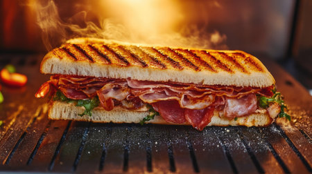 A sandwich being grilled in a panini press, with layers of bacon, salami, prosciutto, and fresh vegetables visible as it heats.の素材