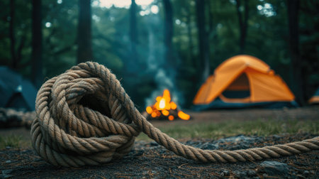 A rope roll partially unwound on a camping ground, with tents and a campfire in the background.の素材