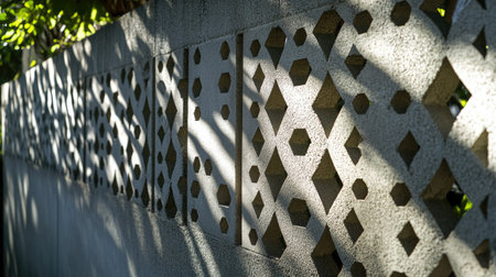 A prefabricated concrete fence with decorative cutouts, casting intricate shadows in the sunlight.の素材