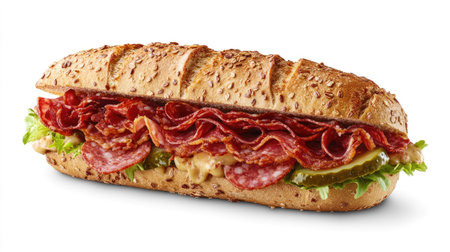 A sandwich on multigrain bread filled with bacon, salami, prosciutto, lettuce, and tomato, with a pickle spear on the side.の素材