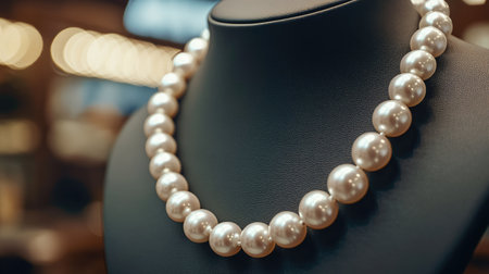 A necklace made of large, round freshwater pearls displayed on a mannequin in a jewelry shop.の素材