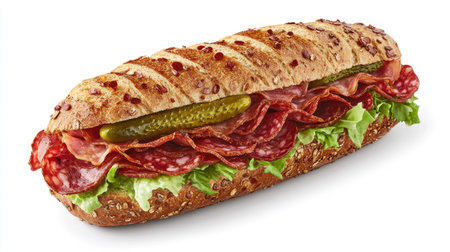 A sandwich on multigrain bread filled with bacon, salami, prosciutto, lettuce, and tomato, with a pickle spear on the side.の素材