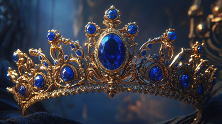 A regal crown with brilliant blue gemstones and gold accents, elegantly displayed in a museum-like setting.の素材