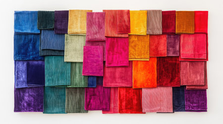 A rainbow-like spread of velour textile samples in rich, bold colors, neatly displayed on a neutral background.の素材