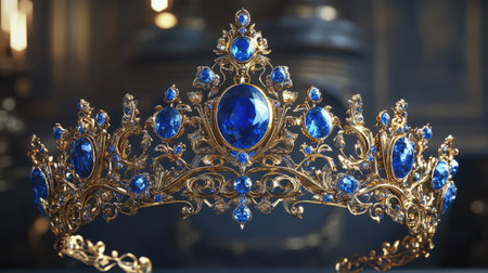 A regal crown with brilliant blue gemstones and gold accents, elegantly displayed in a museum-like setting.の素材