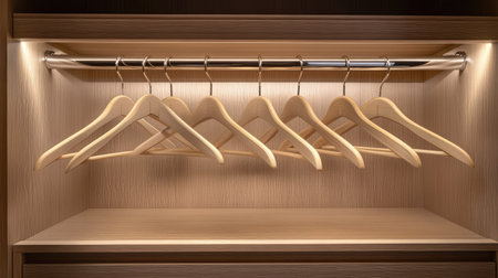 A row of empty wooden hangers neatly arranged in a sleek wardrobe with neutral tones.の素材