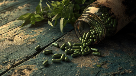 A rustic tabletop with a tipped-over jar of herbal capsules, spilling natural green pills.の素材