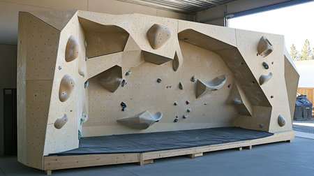 A professional-grade competition wall with steep overhangs and large dynamic holds.の素材
