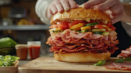 A sandwich artist stacking bacon, salami, prosciutto, and fresh vegetables inside a toasted sub roll, with ingredients neatly arranged nearby.の素材