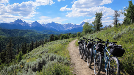 A row of bicycles parked along a scenic mountain trail, with peaks and forests in the distance.の素材