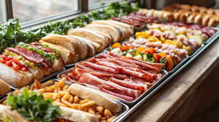 A sandwich bar setup featuring trays of bacon, salami, prosciutto, fresh vegetables, and various bread options for custom creations.の素材
