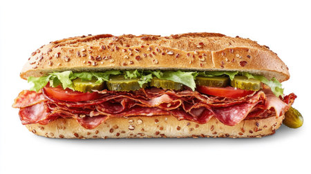 A sandwich on multigrain bread filled with bacon, salami, prosciutto, lettuce, and tomato, with a pickle spear on the side.の素材