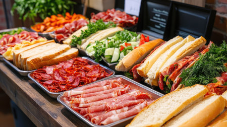 A sandwich bar setup featuring trays of bacon, salami, prosciutto, fresh vegetables, and various bread options for custom creations.の素材