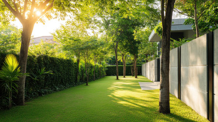 A residential yard enclosed by a prefab concrete wall fence, accentuated by tall, lush trees.の素材