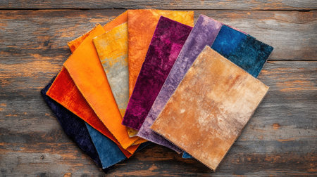 A bright collection of velour textile swatches with a soft sheen, arranged on a rustic wooden table.の素材