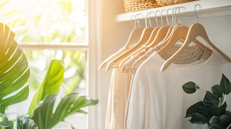 A bright and spacious closet with sleek white hangers hanging in perfect alignment on a rail.の素材