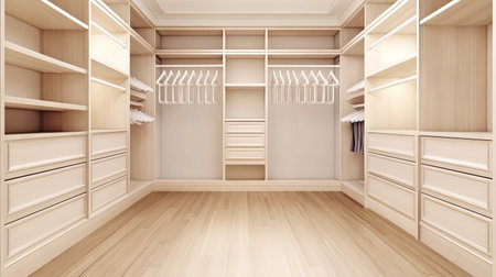 A bright and spacious closet with sleek white hangers hanging in perfect alignment on a rail.の素材