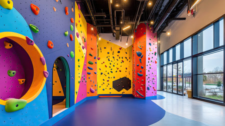 A brightly colored indoor rock climbing wall with various handholds and footholds, creating a challenging route.の素材