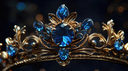 A close-up of a beautiful crown with vivid blue jewels set in an ornate golden frame against a dark background.の素材