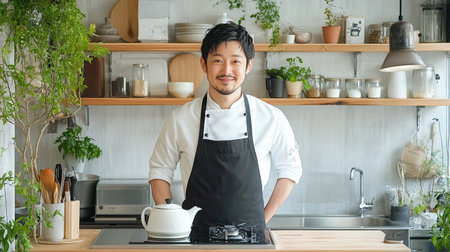 A bright kitchen with a chic white kettle on the cooktop, accented by greenery and natural wooden shelves.の素材