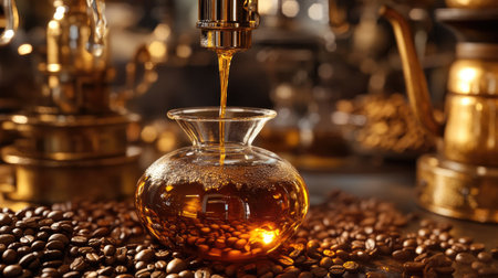 A detailed shot of coffee dripping into a glass carafe, with a background of beans and brewing tools.の素材
