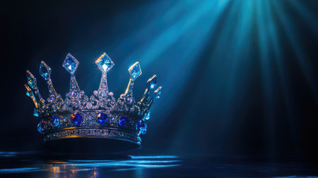 A ceremonial crown with large, vibrant blue gems, positioned under a glowing spotlight on stage.の素材