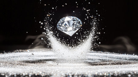 A brilliant diamond floats in mid-air, reflecting light while silver diamond dust forms a halo around it.の素材