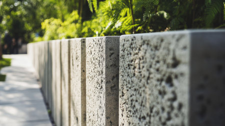 A close-up of a prefab concrete panel with detailed stone-like texture, forming part of a boundary fence.の素材