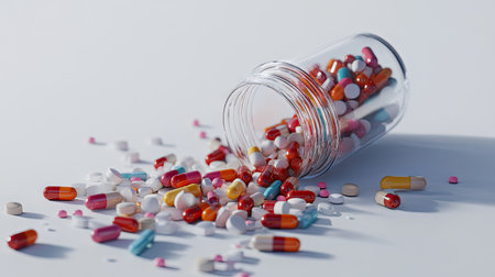 A clinical scene of a prescription jar on its side, spilling pills onto a white, sterile surface.の素材