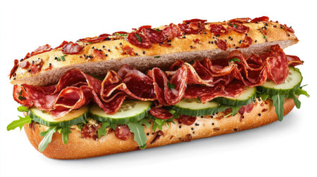 A hearty sandwich with bacon, salami, prosciutto, arugula, and sliced cucumbers, with condiments like mustard and mayonnaise on the side.の素材