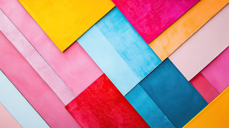 A bright collection of velour textile swatches placed in a diagonal pattern on a simple white background.の素材