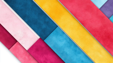 A bright collection of velour textile swatches placed in a diagonal pattern on a simple white background.の素材