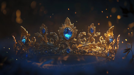 A golden crown with dazzling blue stones, framed by delicate floral engravings and surrounded by a misty aura.の素材