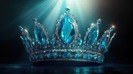 A ceremonial crown with large, vibrant blue gems, positioned under a glowing spotlight on stage.の素材