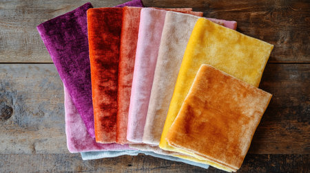 A bright collection of velour textile swatches with a soft sheen, arranged on a rustic wooden table.の素材