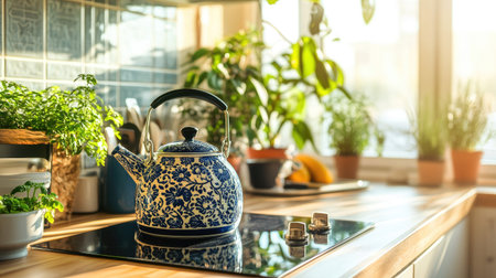 A ceramic kettle with elegant patterns on a cooktop in a bright, airy kitchen with potted plants.の素材