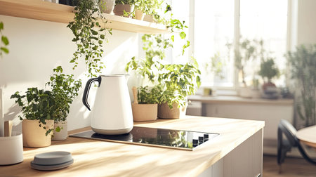 A bright kitchen with a chic white kettle on the cooktop, accented by greenery and natural wooden shelves.の素材