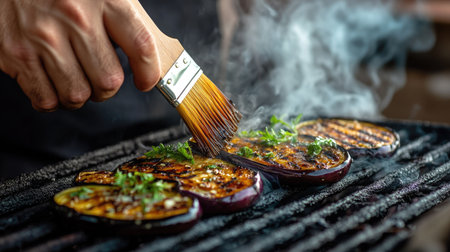 A chef's hands applying sweet miso sauce to eggplant slices on a grill with a basting brush, smoke wafting up in the backgroundの素材